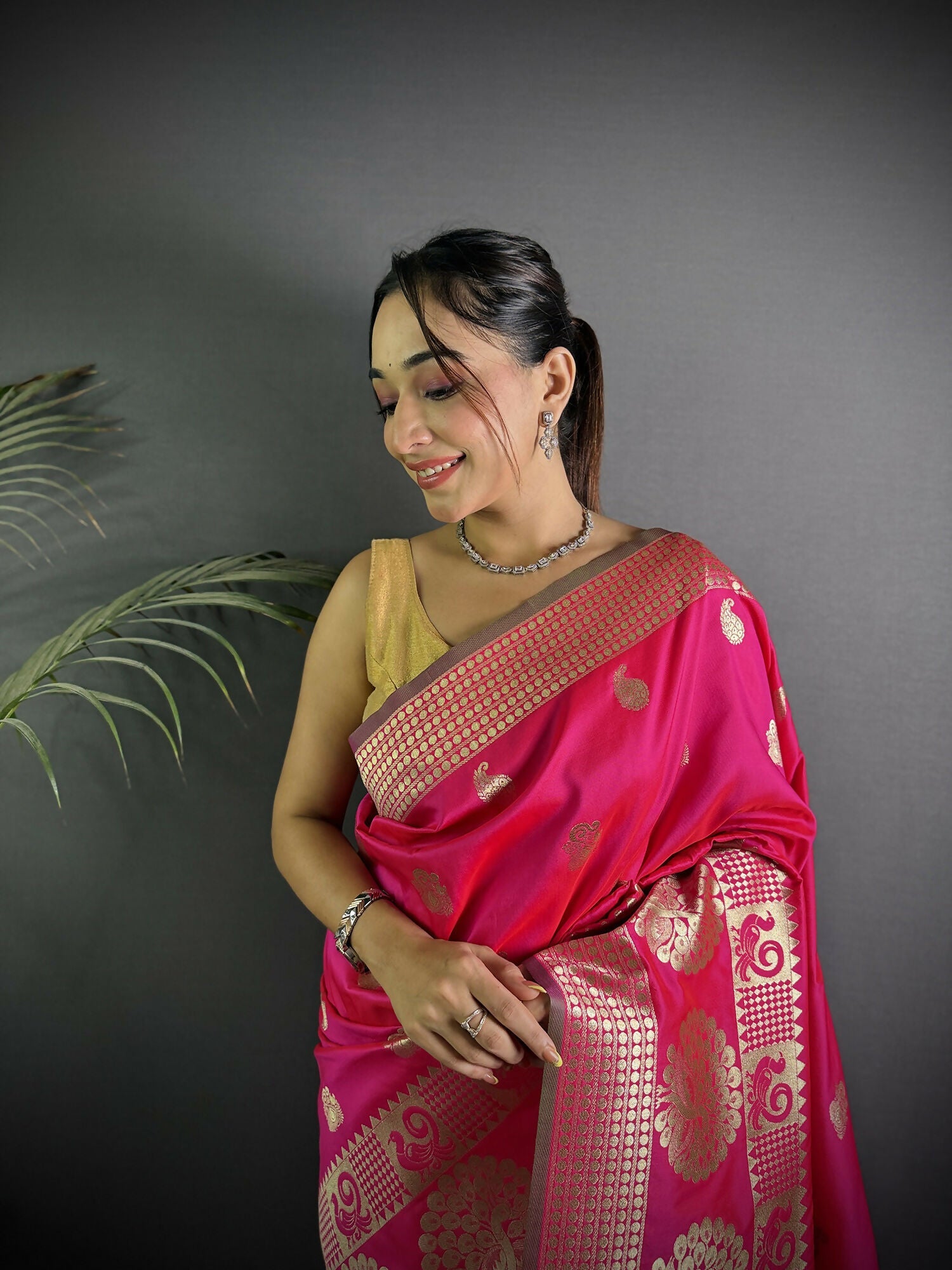 Joban Fashion Hot Pink Banarasi Soft Lichi Silk Paisley Saree | Grocsy
