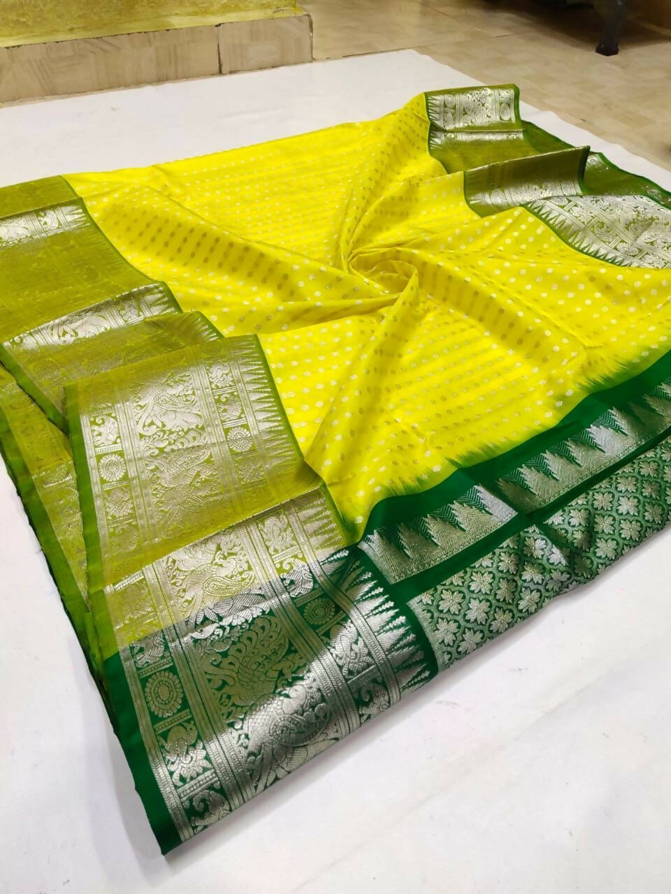 DEIANA'S Beautiful Designer Golden zari Soft Lichi Silk Saree - Yellow | Grocsy