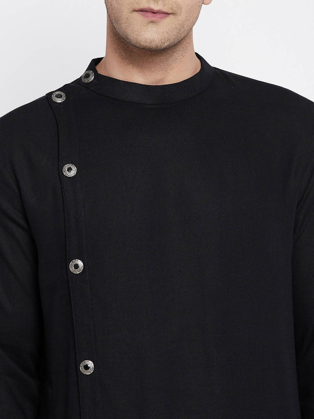 Even Apparels Black Pure Cotton Men's Sherwani Kurta With Asymetrical Cut | Grocsy