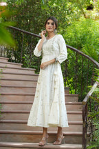 Juniper Off-White Rayon Festive Wear Embroidered A-Line Long Dress | Grocsy
