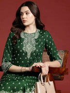 Cheera Women Stylish Hand Block Printed Cotton Blend Flared Kurta - Green | Grocsy