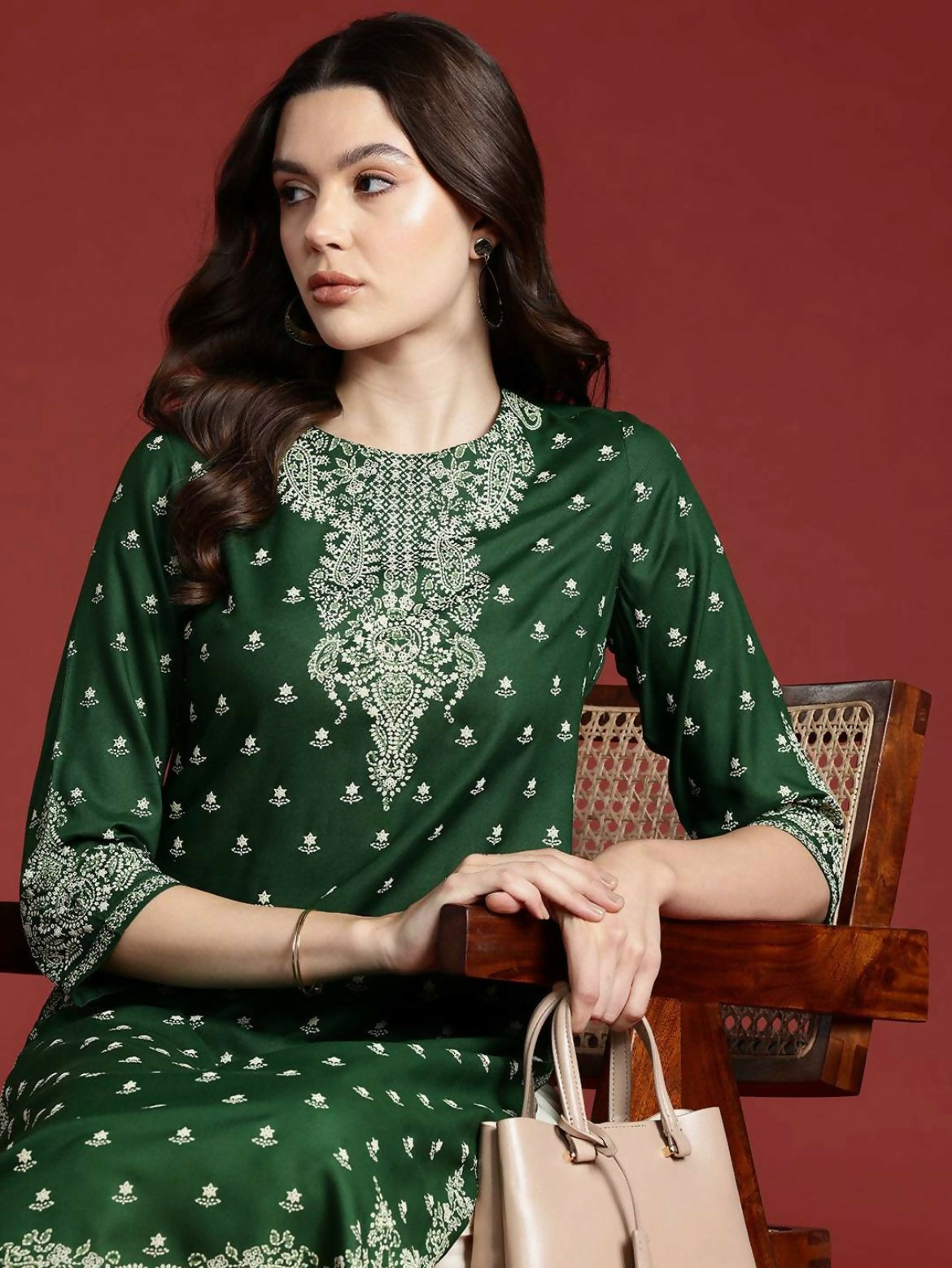 Cheera Women Stylish Hand Block Printed Cotton Blend Flared Kurta - Green | Grocsy