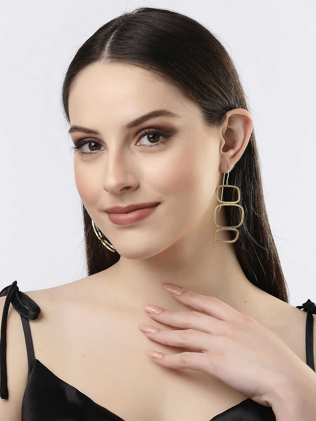 NVR Women Gold-Polished Contemporary Fish Hook Drop Earrings