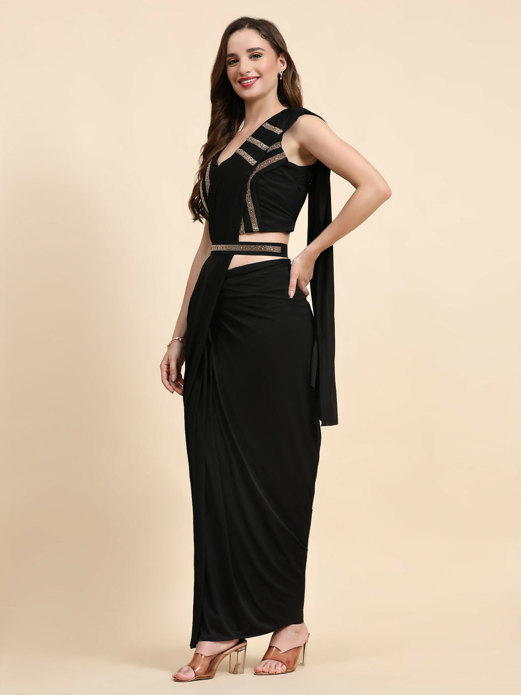 Black Polyester Solid Ready to Wear Saree with stitched Blouse - Nita | Grocsy