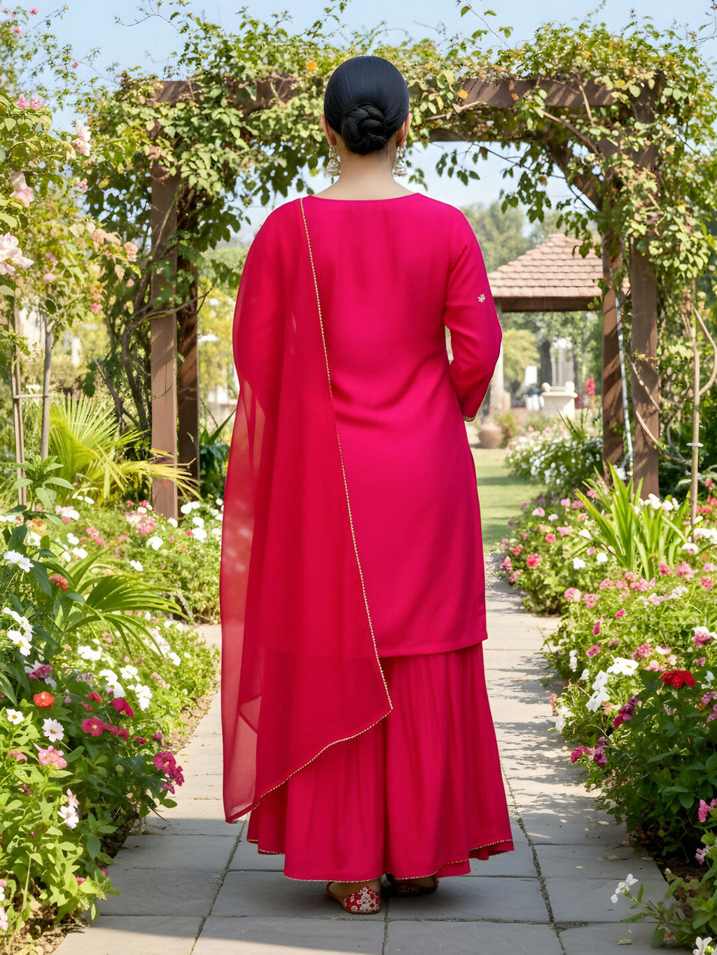 The52 Women's Gorgeous Embroidery Work Viscose Silk Fabric Straight Kurta Palazzo and Dupatta Set-Red | Grocsy