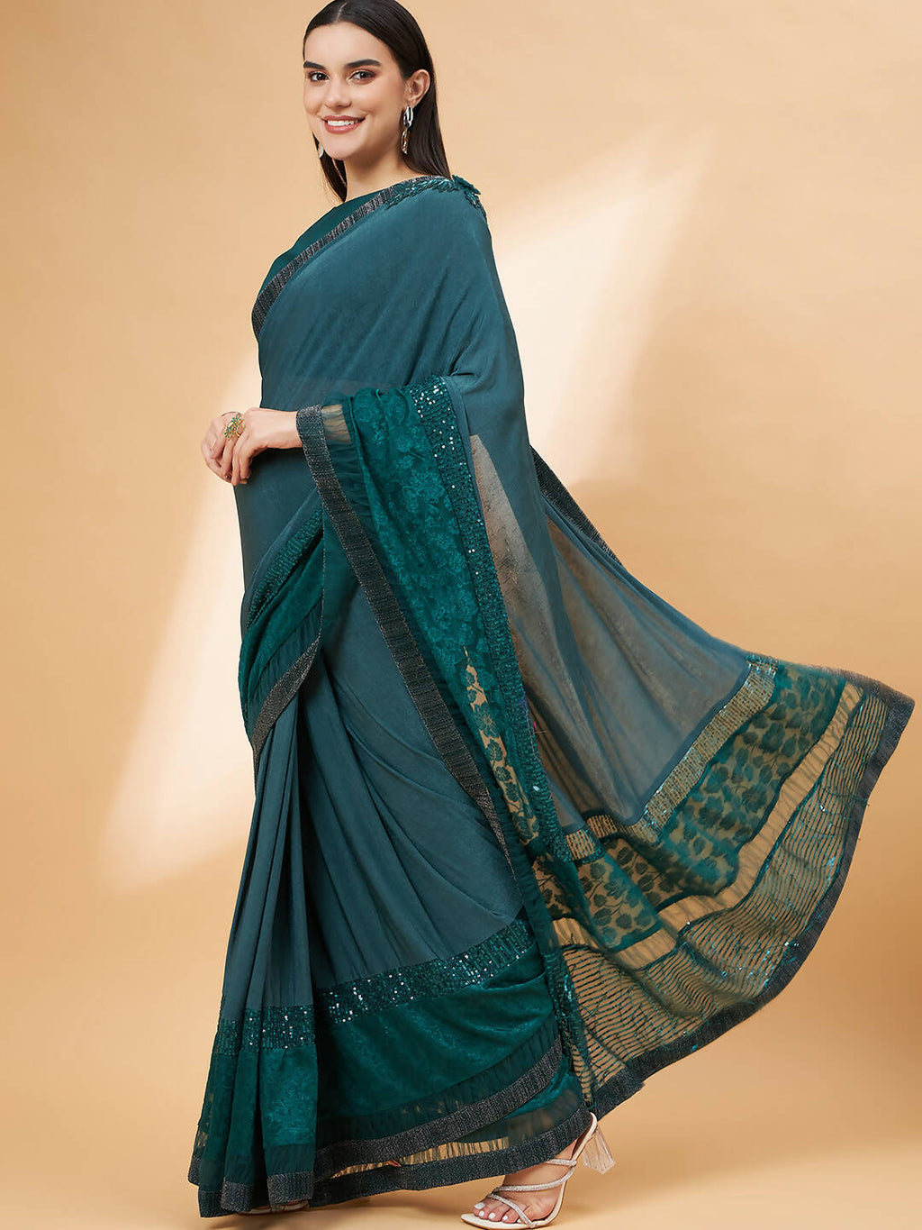 Green Lycra Flock Work, Seuqins Embroidery, Handwork Shoulder Butta Saree - Norita Hit Design | Grocsy