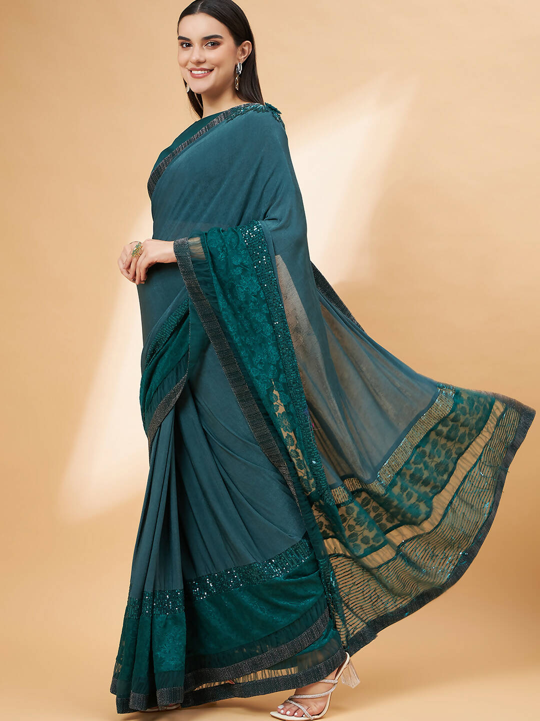 Green Lycra Flock Work, Seuqins Embroidery, Handwork Shoulder Butta Saree - Norita Hit Design | Grocsy