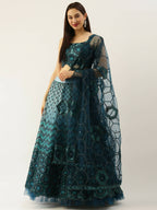 House of Panchhi Women Teal Net Embroidered Sequins Lehenga & Blouse with Dupatta | Grocsy