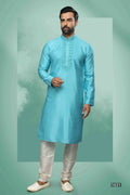 Raivat Ethnic Art Silk Mirror Embroidery Work Kurta Pajama In Sky Blue Colour | Grocsy