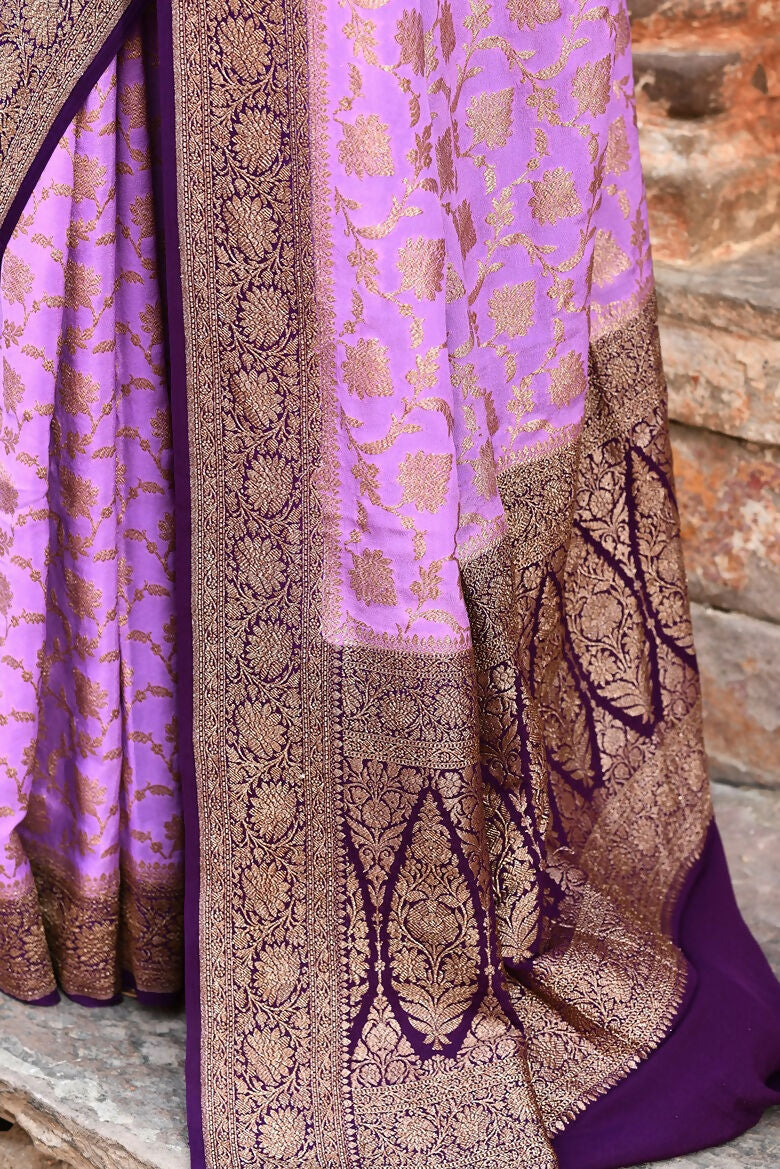 Joban Fashion Lavender Crepe Chiffon Pure Handloom Banarasi Silk Saree | Grocsy