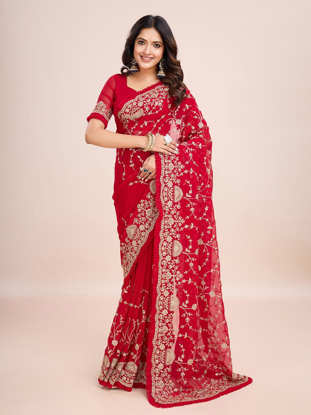 kasee Floral Embroidered Pure Georgette Ready to Wear Saree | Grocsy