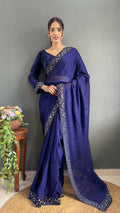 Vastranavya Blue Rangoli Silk Real Mirror work with Swarovski work Ready to Wear Saree | Grocsy
