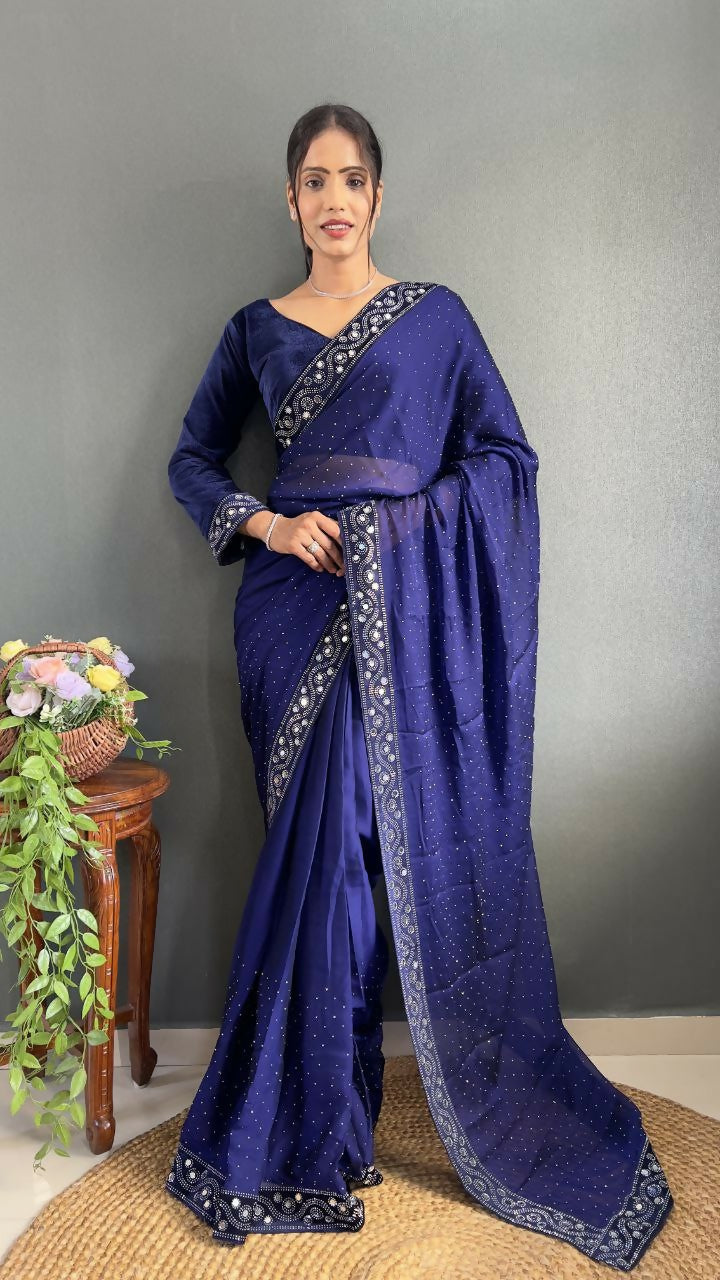 Vastranavya Blue Rangoli Silk Real Mirror work with Swarovski work Ready to Wear Saree | Grocsy