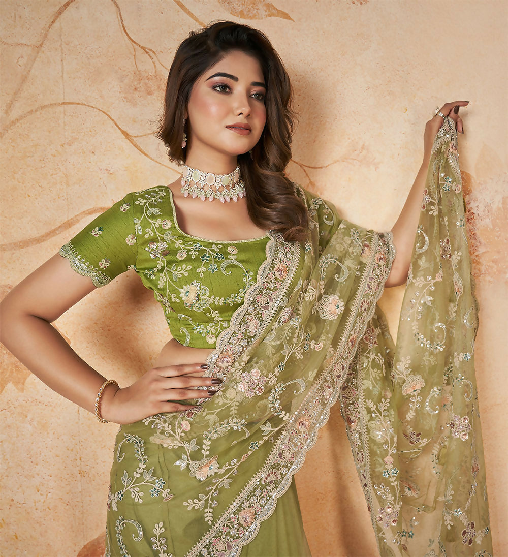 Green Net Sequence & Cord Embroidered Saree - Mohmanthan Dakshika | Grocsy