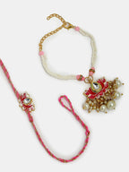 NVR Women & Men Set of 2 Pink Lotus Shape Kundan-Studded & Beaded Wraparound Rakhi Set With Roli Chawal & Chocolate | Grocsy