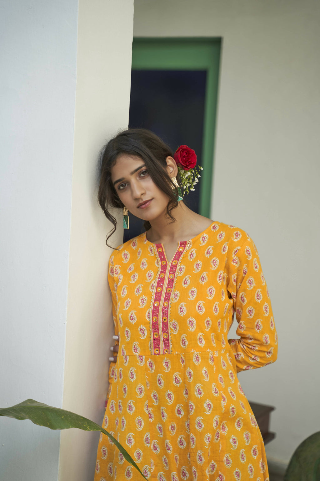 Mustard Cotton Paisley Printed A line Kurta - Prasuti | Grocsy