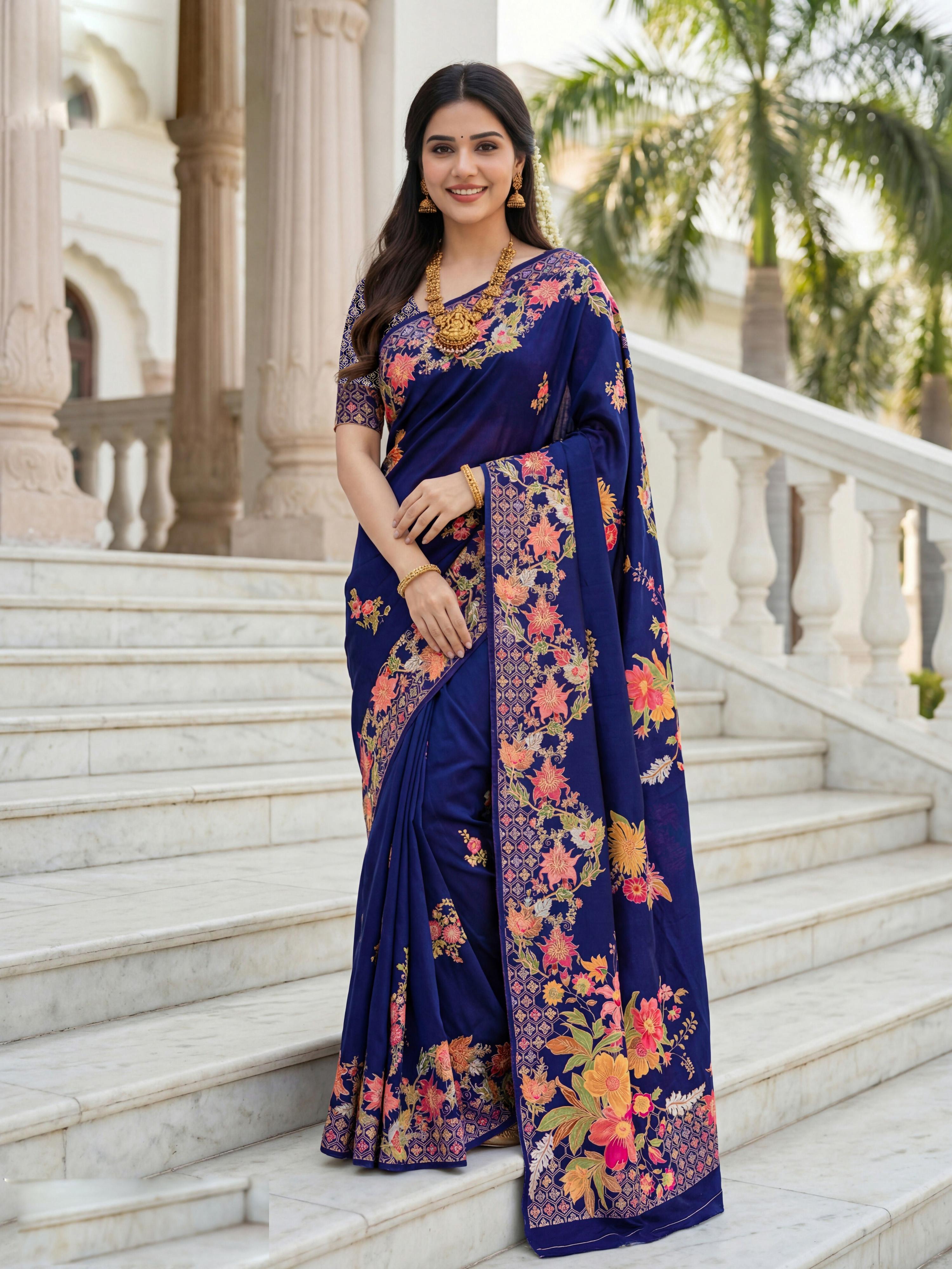 Aastha Fashion Royal Blue Premium Russian Silk Designer Floral Position Print Saree | Grocsy