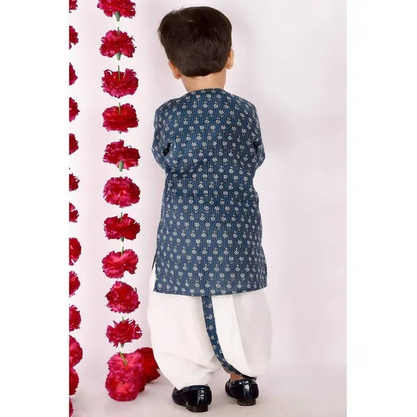 Little Bansi Girls Indigo and White Cplor Bengali Kantha work floral kurta with Dhoti | Grocsy