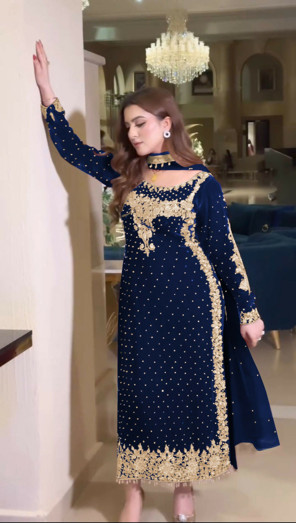 Joban Fashion Blue Velvet Sequence Embroidery Work Kurta Set | Grocsy