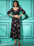Black Crepe Floral Printed Top with Matching Skirt - Shivani | Grocsy