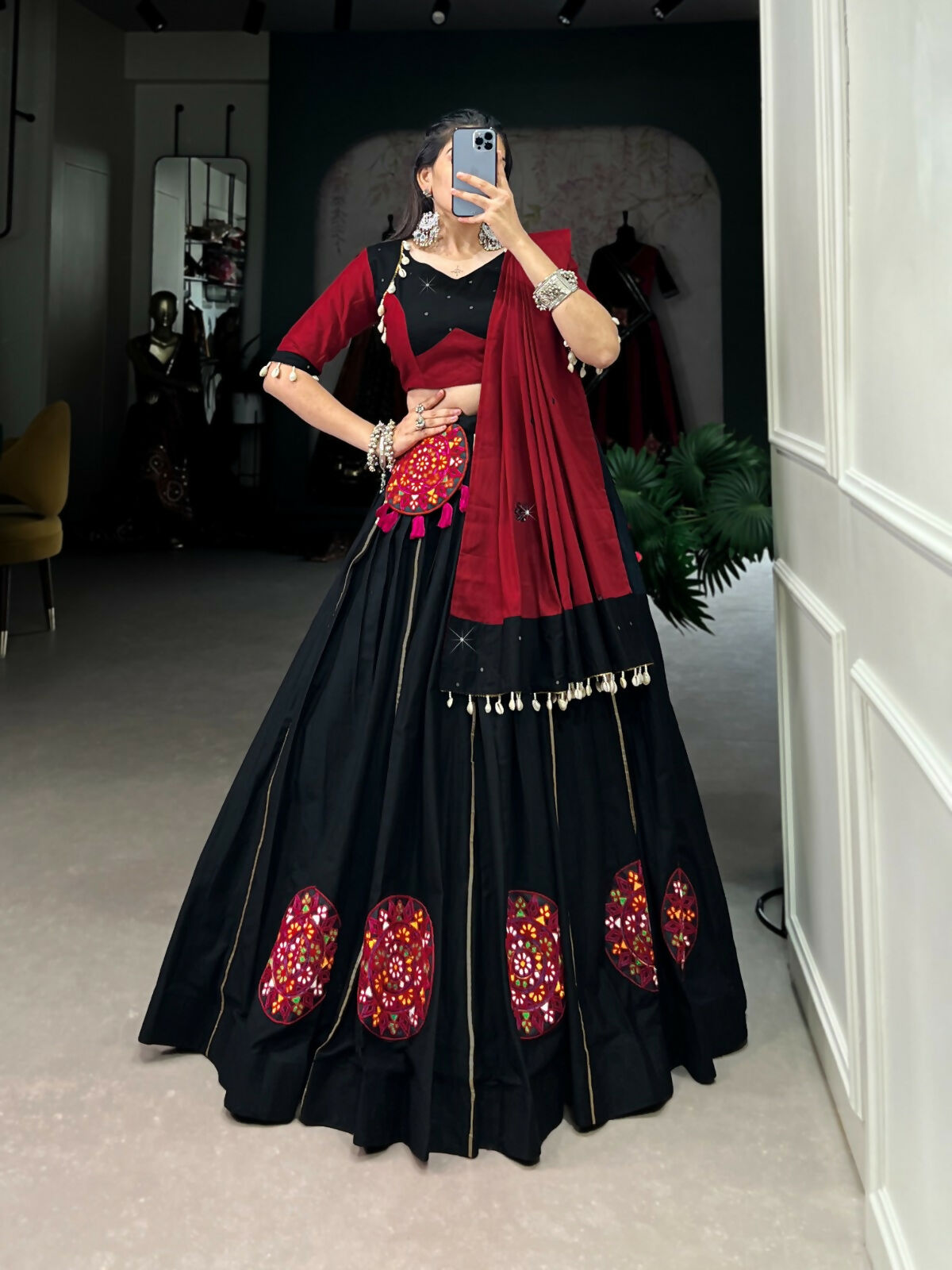 Vastranavya Navaratri Special Pure Cotton Gamthi Patch Work With Gota Patti Touch Up Lehenga Stitched Choli - Black | Grocsy