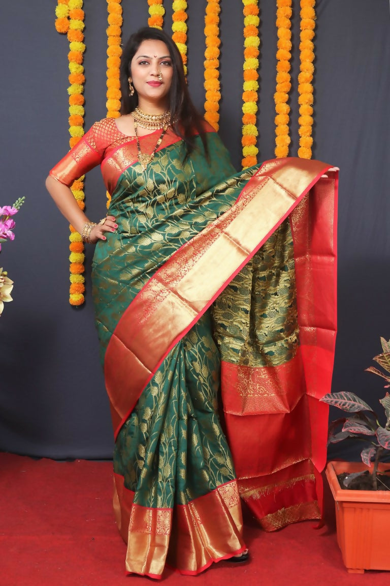Jyoti Fashion Women's Bottle Green Kanjivaram Silk Zari Woven Saree with Blouse | Grocsy