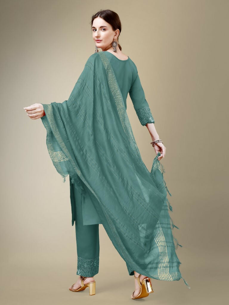Jyoti Fashion Women's Teal Cotton Blend Embroidery & Fancy Lace work Kurta with Trouser & Dupatta | Grocsy