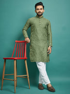 Party Wear Stitched Green Kurta Pajama For Men by Infinity Export | Grocsy