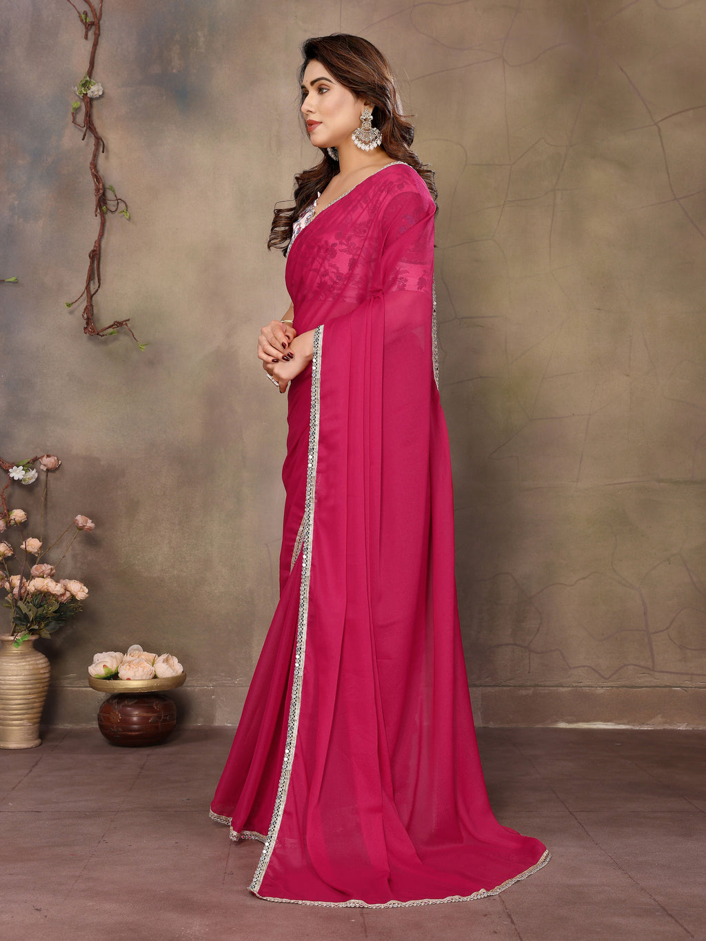 Partywear traditional Georgette Pink Fancy Saree - Anbazaar | Grocsy