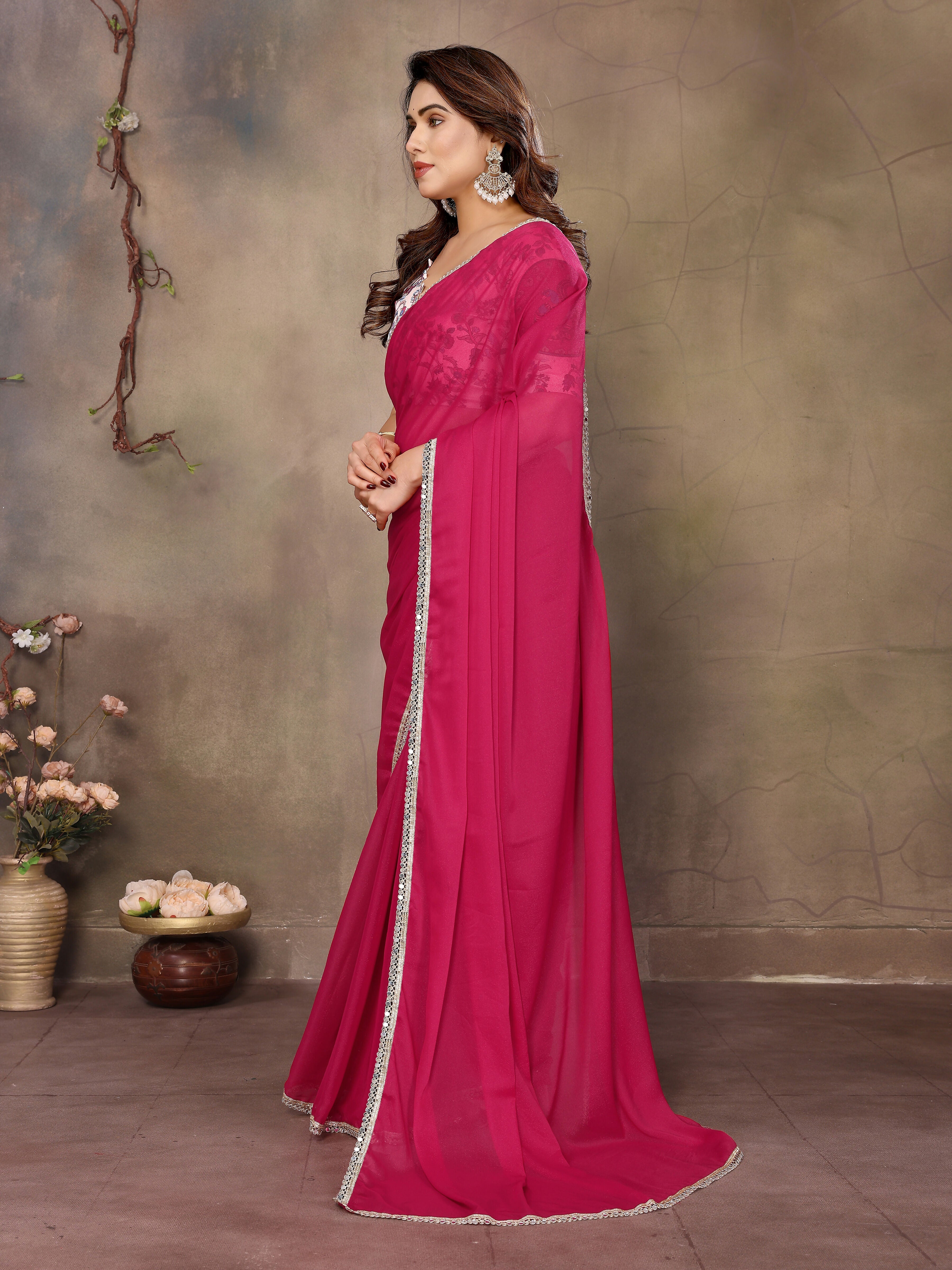 Partywear traditional Georgette Pink Fancy Saree - Anbazaar | Grocsy
