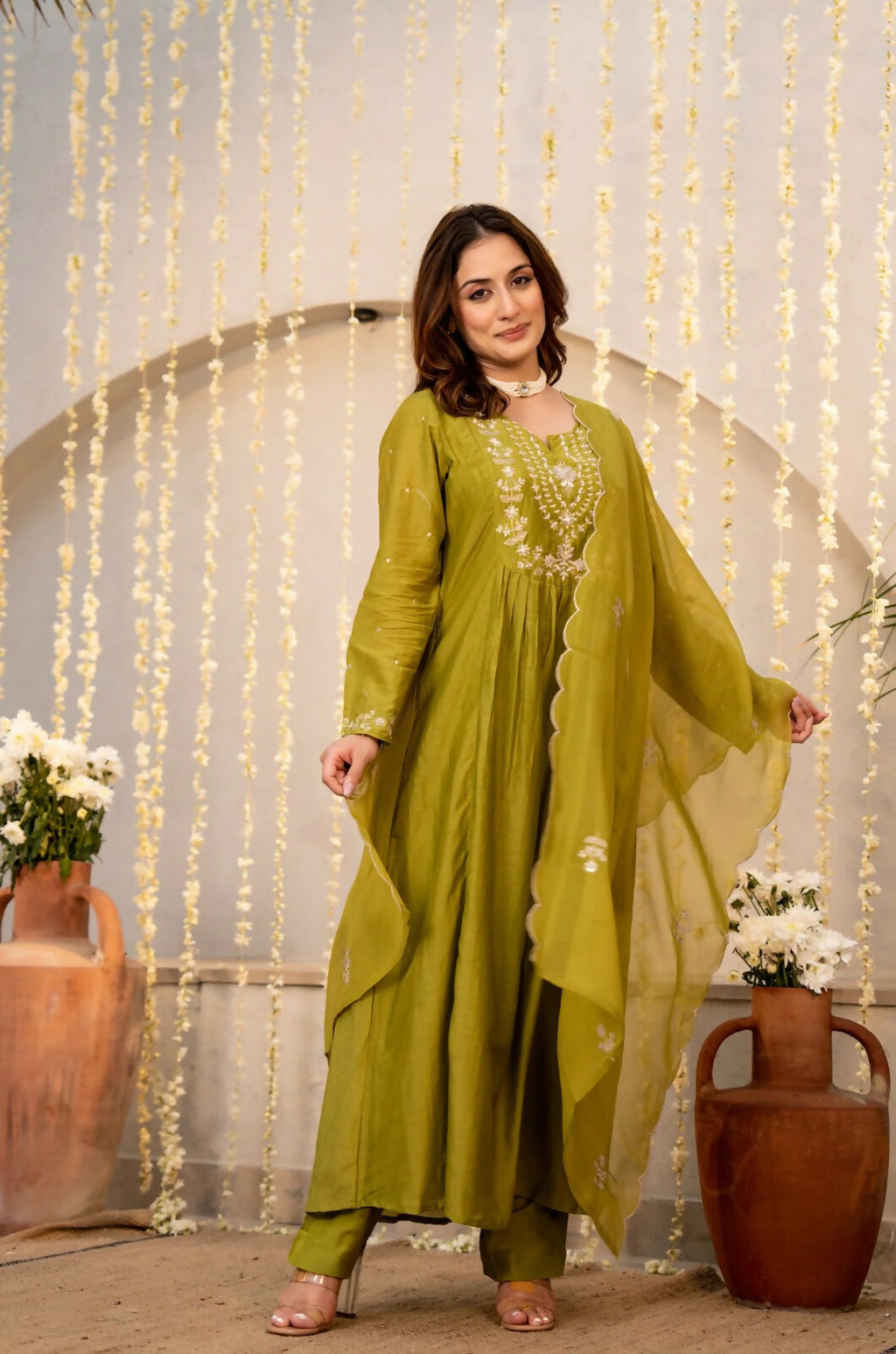 The52 Women's Beautiful Embroidery Work Chanderi Silk Fabric Flared Kurta Pant and Dupatta Set-Light Green | Grocsy