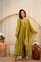 The52 Women's Beautiful Embroidery Work Chanderi Silk Fabric Flared Kurta Pant and Dupatta Set-Light Green | Grocsy