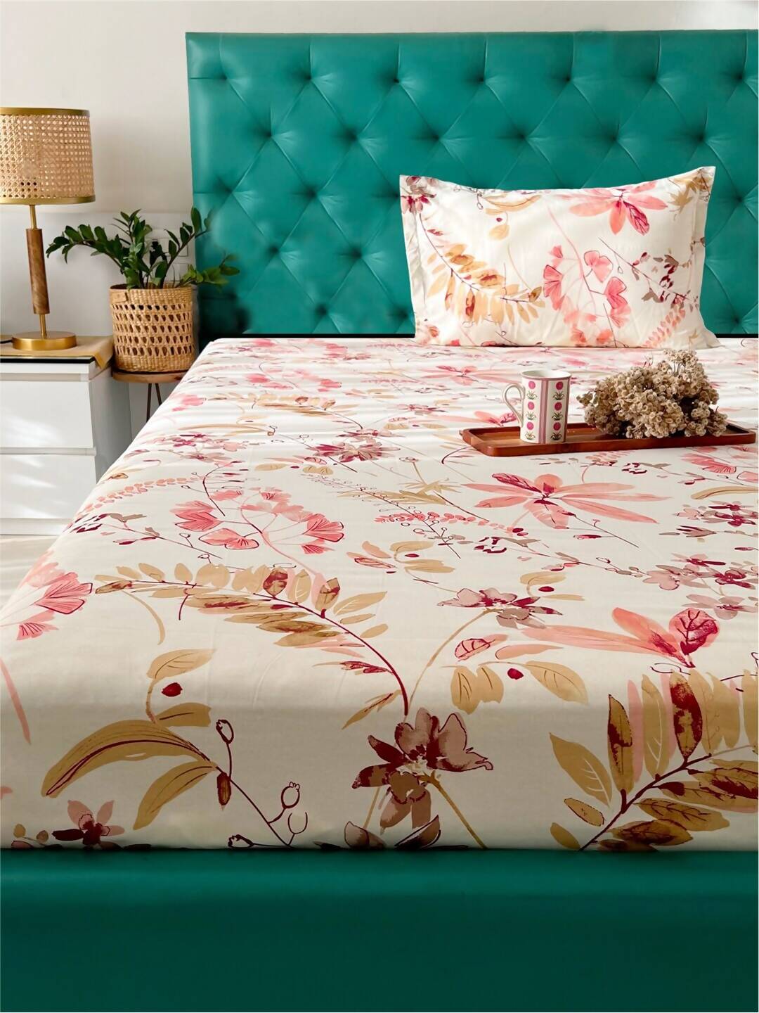 URBAN SPACE Serene White Floral Printed 200 TC Pure Cotton Bedsheet & Pillow Covers | Grocsy