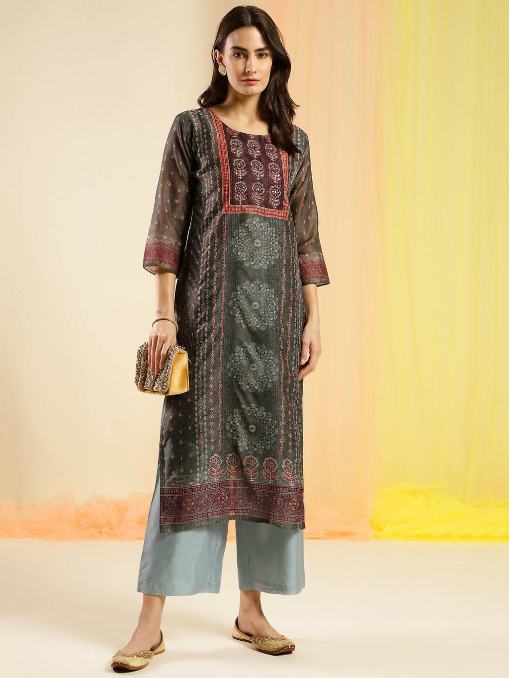 Dark Green Chinon Digital Printed With Hand Work Kurta - Himanshi | Grocsy