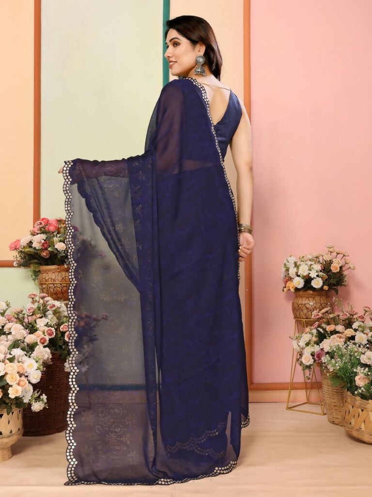 Aafreen Partywear Designer Nevy Blue White Rangoli Fancy Saree | Grocsy