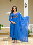 Juniper Women's Blue Solid Viscose Kurta Pant With Dupatta Set With Thread & Mirror Work | Grocsy