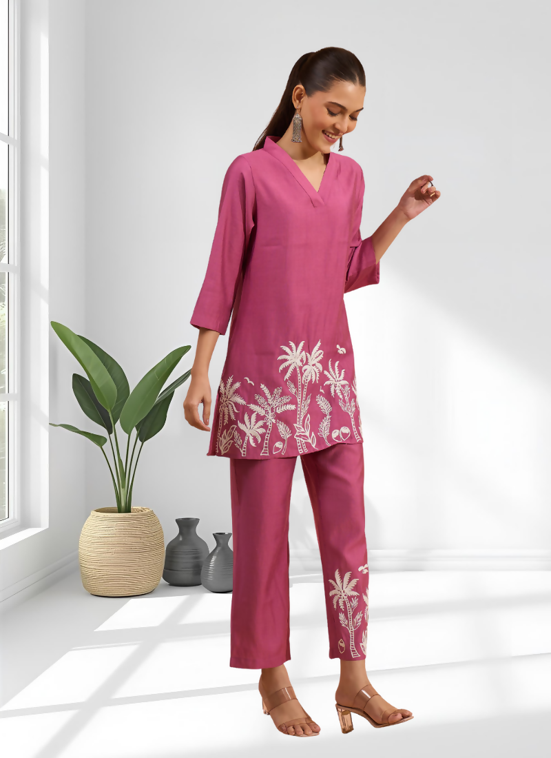 Joban Fashion Pink Silk Embroidered Readymade Cord Set | Grocsy
