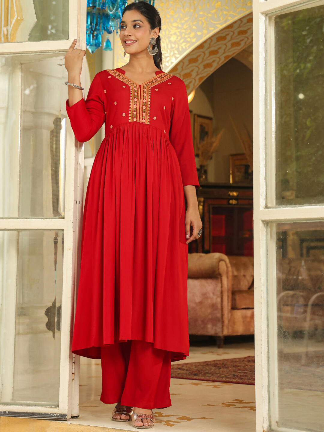 Janasya Maroon Rayon Yoke Embroidery Kurta & Bottom | Grocsy