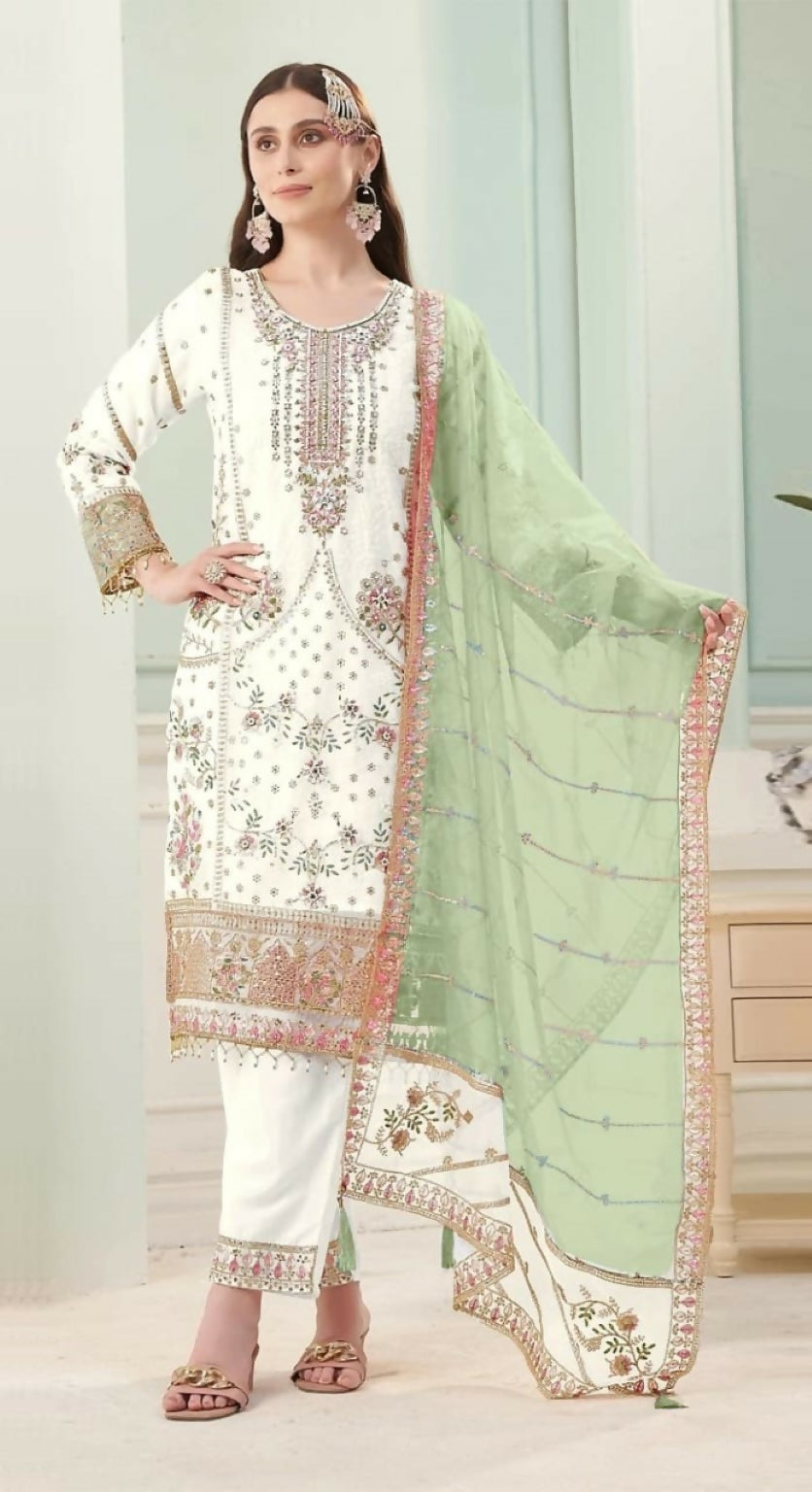 Anaita White Fox Georgette Stitched Suit with Embroidery Sequins | Grocsy