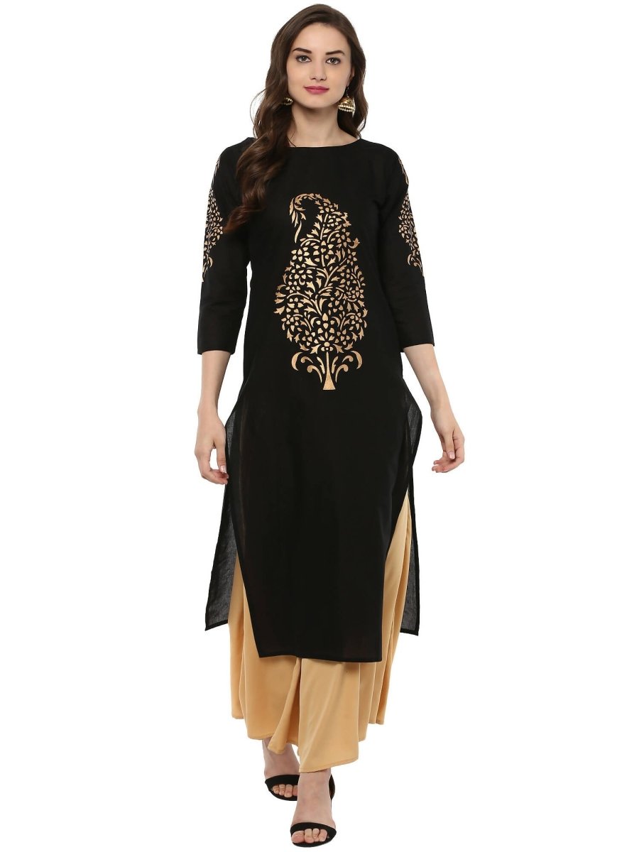 Ahalyaa Black Chanderi Gold Print Kurta | Grocsy