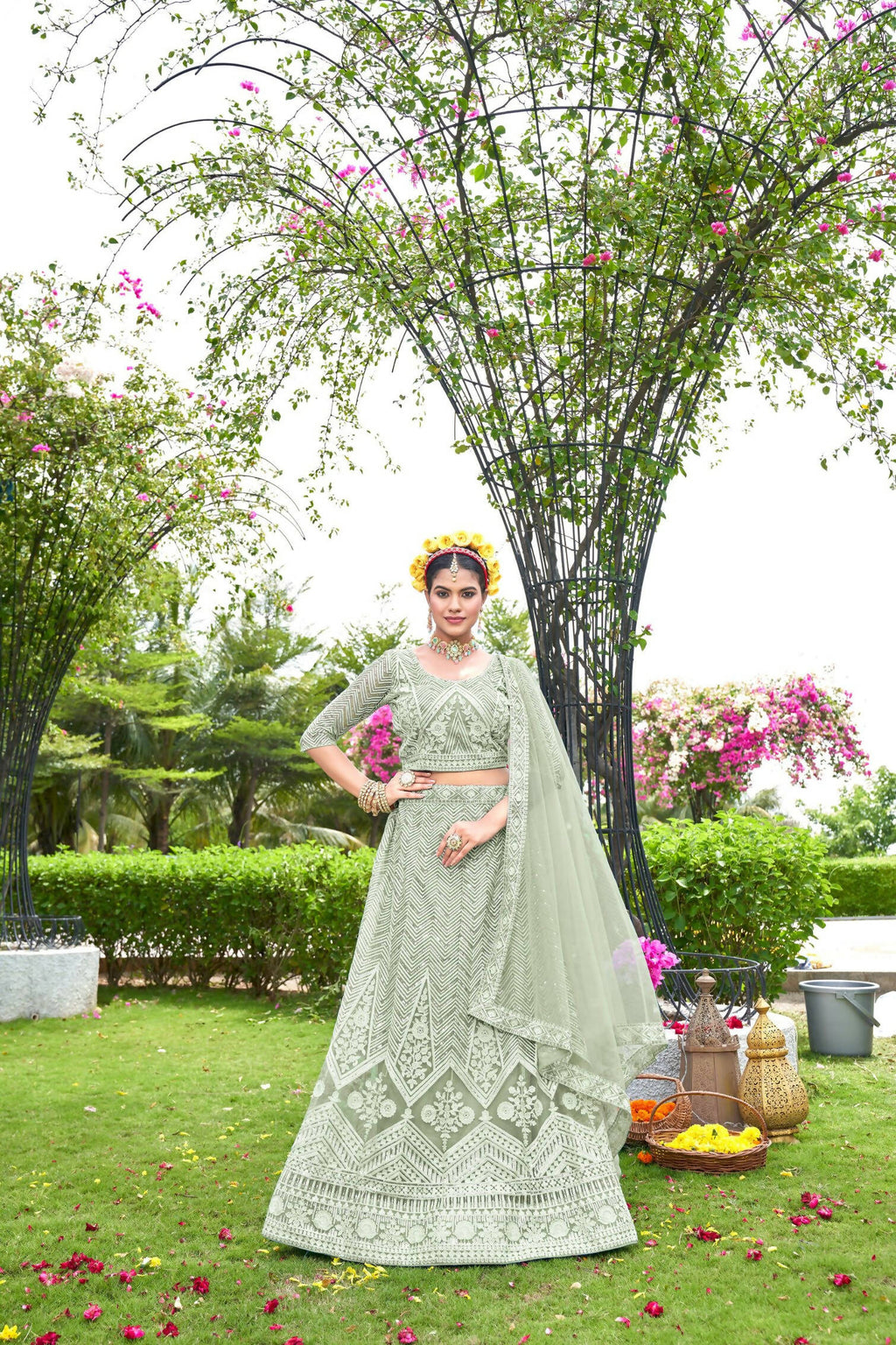 Light Green Net Embroidered Semi Stitched Lehenga Choli with Dupatta - Bhagya | Grocsy