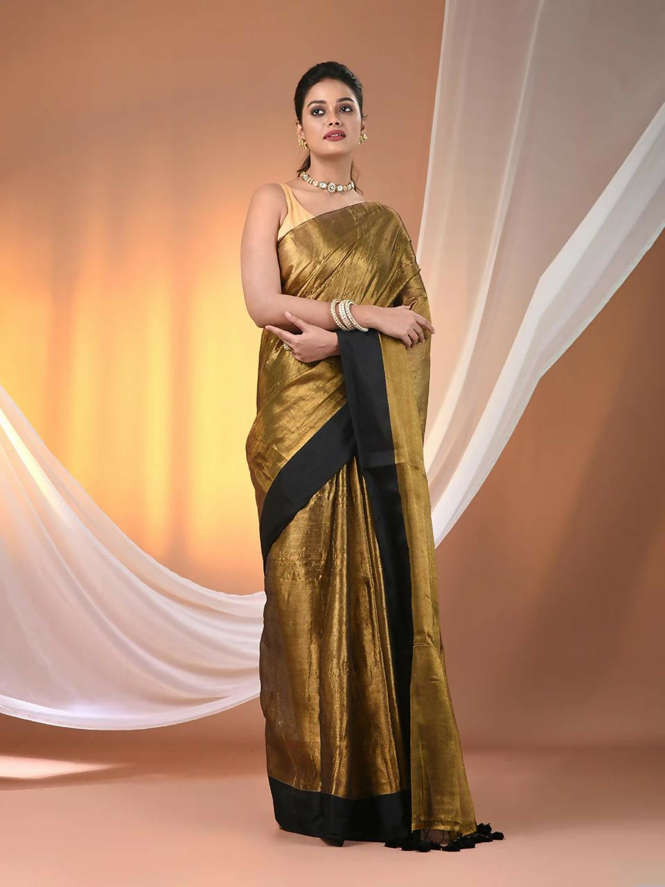 Exclusive Collection Beautiful Copper Black Tissue Silk Hand Weavinghandloomsaree With Running Blouse Piece | Grocsy