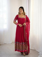Joban Fashion Red Georgette Sequence Embroidery Work Readymade Kurta Set | Grocsy