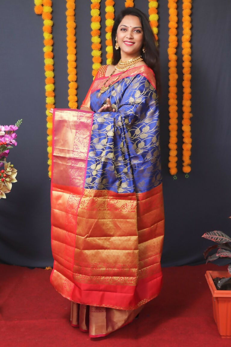 Jyoti Fashion Women's Blue Kanjivaram Silk Zari Woven Saree with Blouse | Grocsy