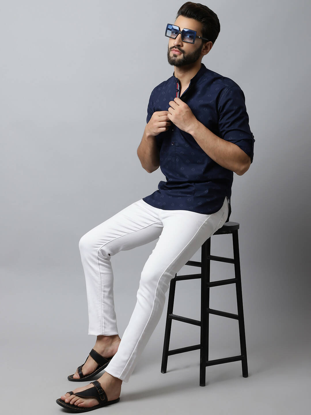 Even Apparels Navy blue Color Pure Cotton Men's Kurta With Band Collar (PRT1184) | Grocsy