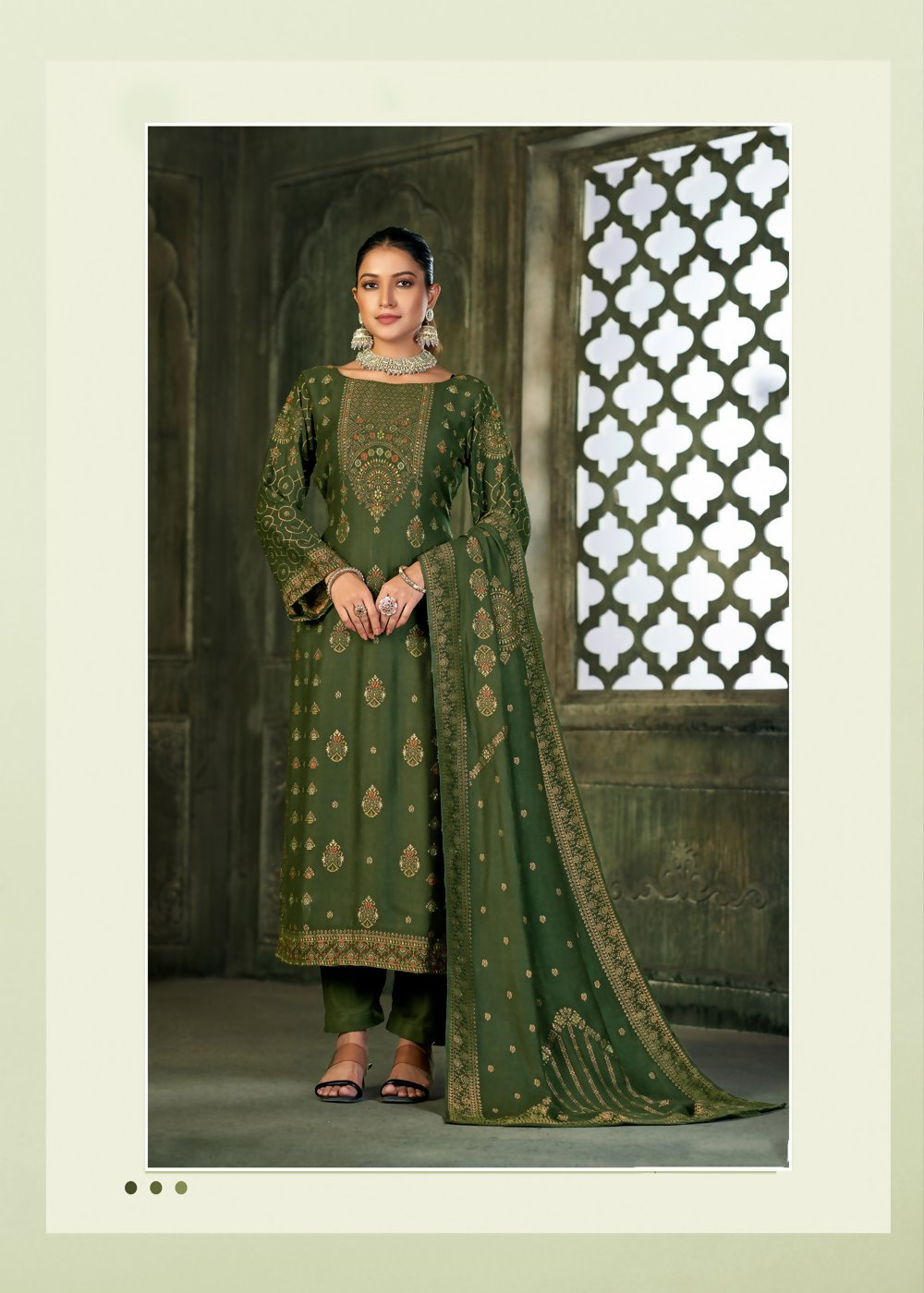 Green Viscose Pasmina Mina Work Kurta & Bottom with Dupatta - Natasha | Grocsy