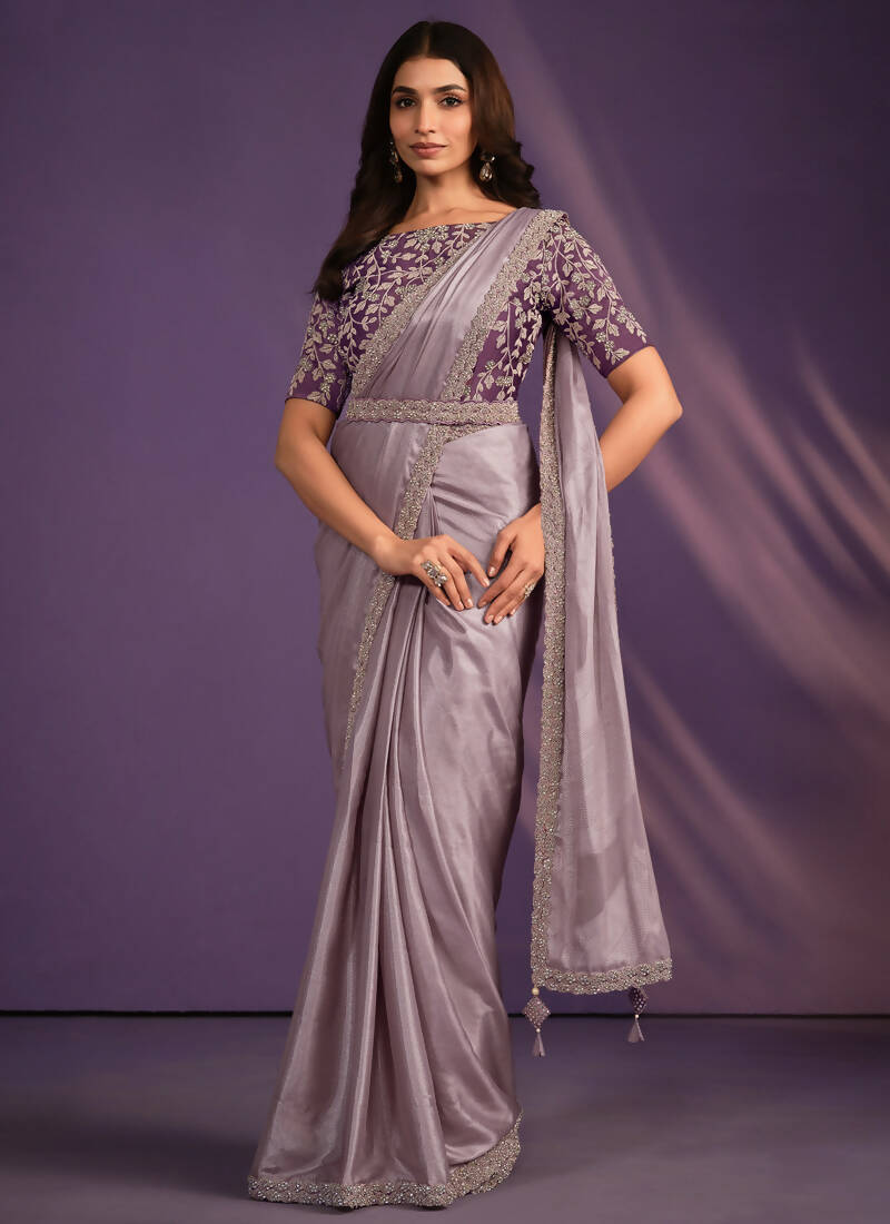 Purple Pattern Georgette Embroidered Saree With Stitched Blouse - Mohmanthan Exotica | Grocsy