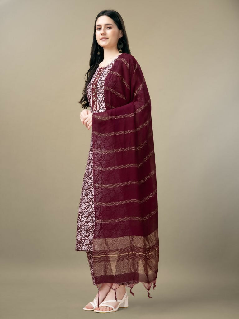 Jyoti Fashion Women's Maroon Rayon Embroidery & Sequence work Kurta with Trouser & Dupatta | Grocsy