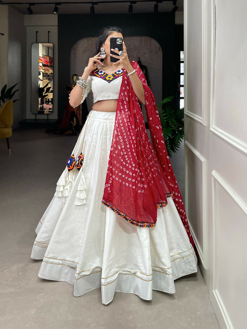 Vastranavya Navaratri Special Pure Cotton Plain With Gotta Patti Touch Up Lehenga Stitched Choli - White | Grocsy