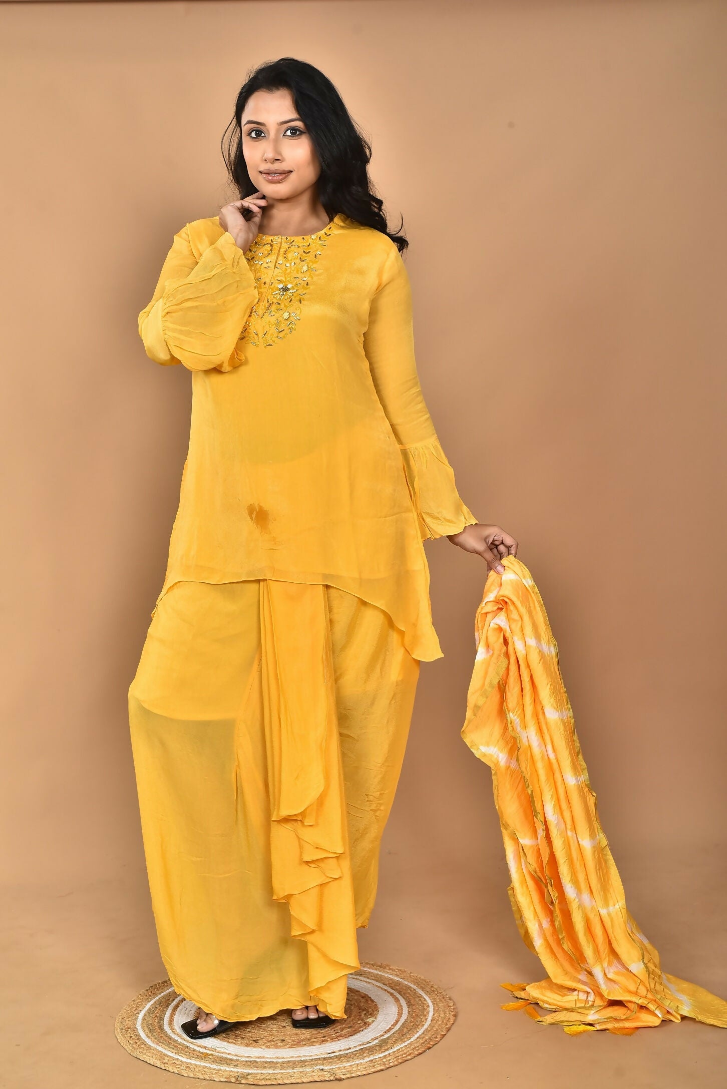 Morchari Women And Hand Embroidery Palazzo Set-Yellow | Grocsy
